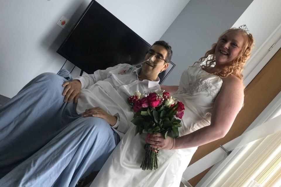  The bride and groom at their wedding in Southmead Hospital, in Bristol