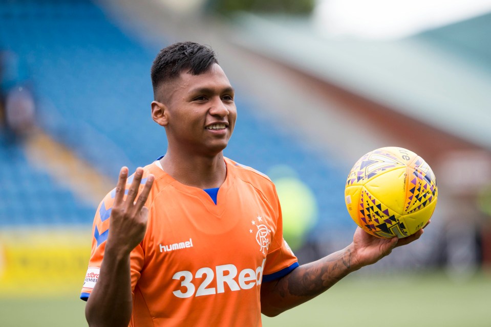 Alfredo Morelos celebrates his hat-trick after Rangers' latest victory at Kilmarnock