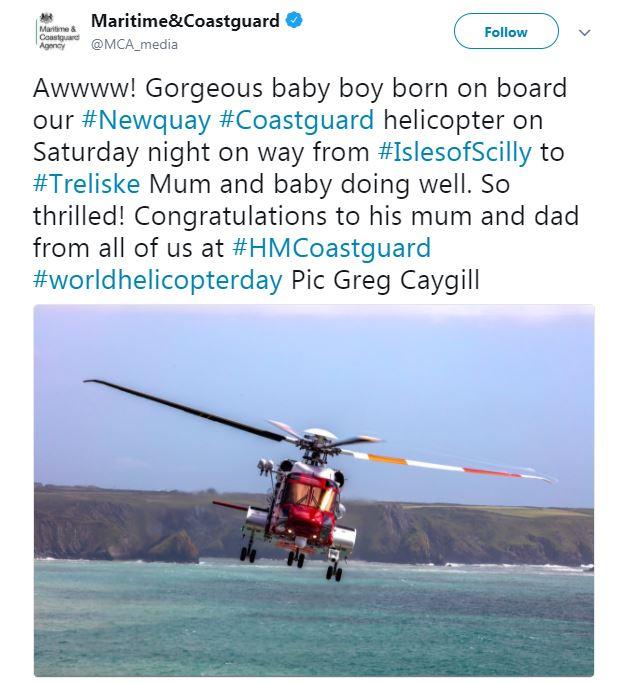  The 'copter was scrambled, collected a midwife, picked up the mum-to-be and her partner from the Isles of Scilly and set off for a hospital in Truro, Cornwall - but the baby boy was in a hurry