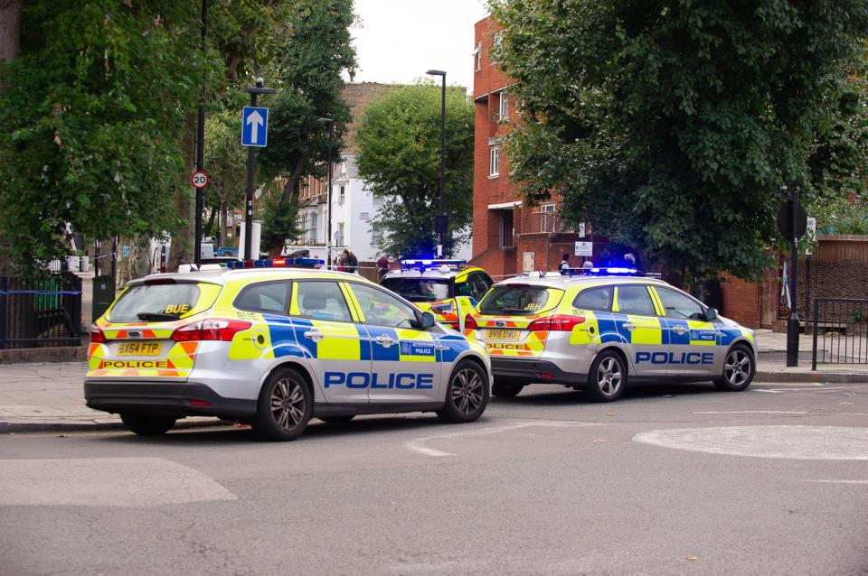  Police cars outside the school following the 'drive-by' shooting in Maida Hill, West London