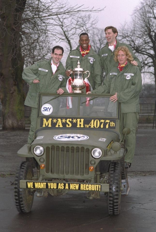  Steve Morrow, left, famously broke his arm when Adams dropped during the celebrations following the League Cup final win