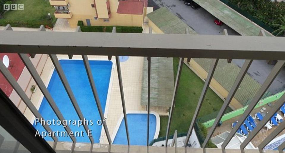  Another shot shows over the balcony where she plunged 100ft to her death