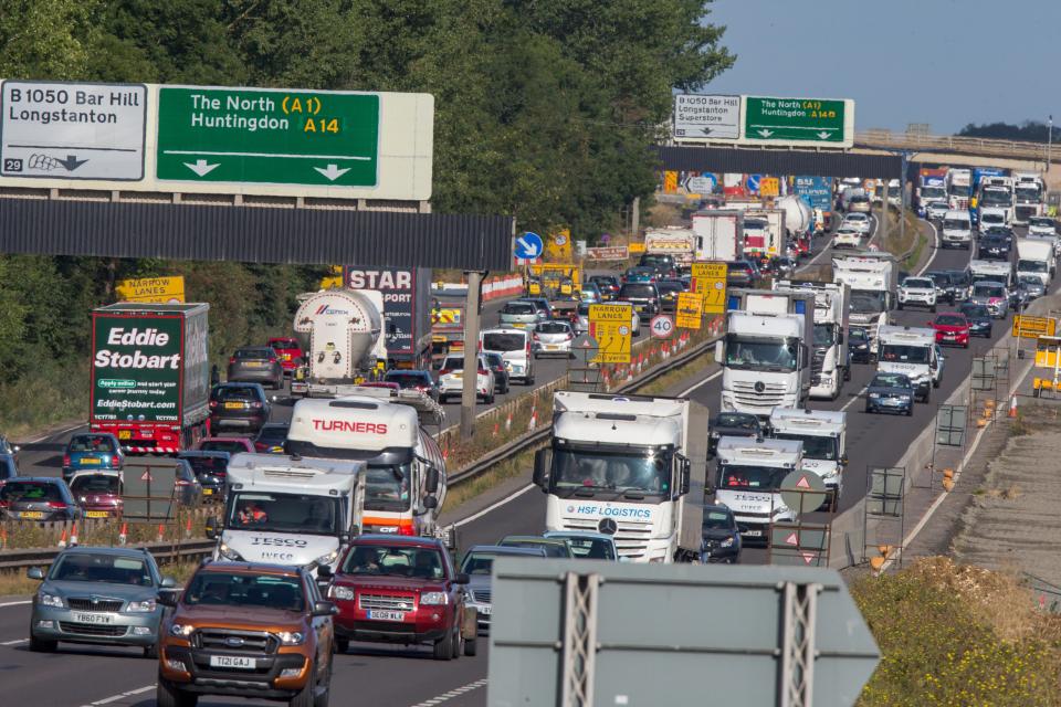  Traffic began piling up on the A14 near Cambridge this morning and is set to continue