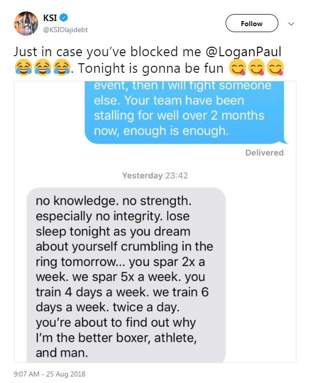  KSI, 25, shared a text message that Paul sent him ahead of their eagerly-anticipated bout