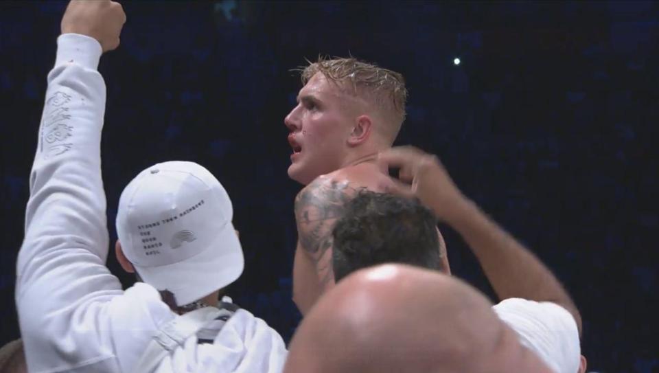  Jake Paul takes the adulation after stopping Deji in the fifth round of their boxing fight