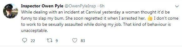  Inspector Pyle, based at London’s Southwark Police Station, arrested her and then went on Twitter to vent his feelings