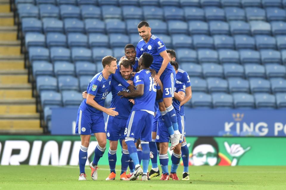  Leicester players mobbed Fuchs after wonder strike