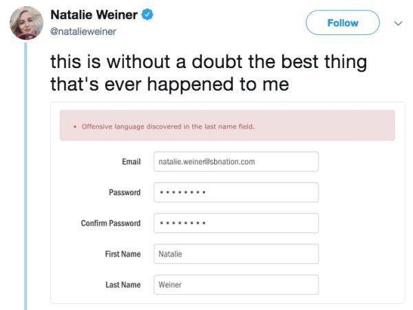  Computer software found Natalie Weiner's surname to be 'offensive language'