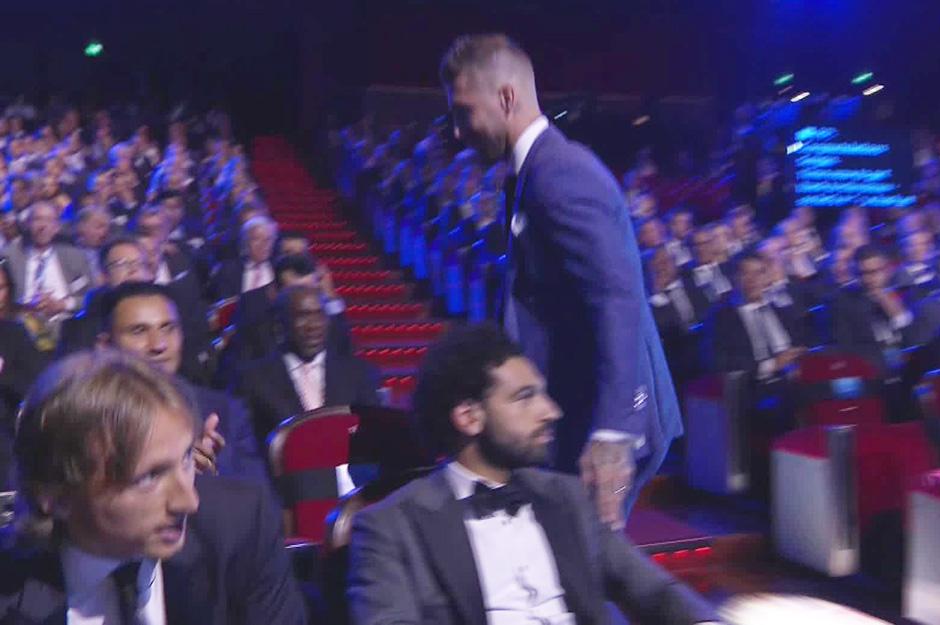  Sergio Ramos touches Mo Salah on the shoulder during the Champions League draw in Monaco