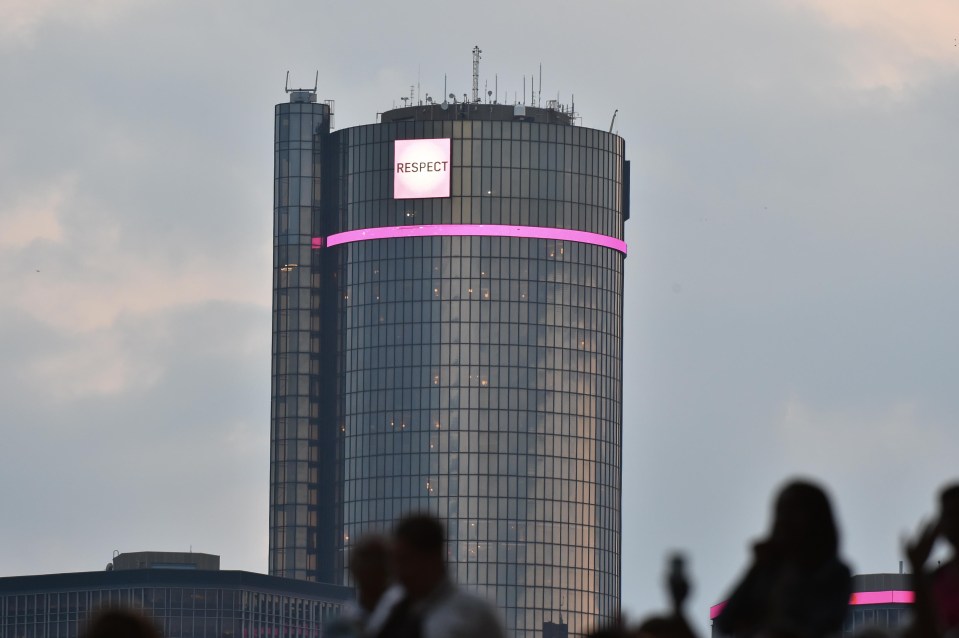 The Renaissance Center in Detroit displays RESPECT to celebrate the life of songstress Aretha