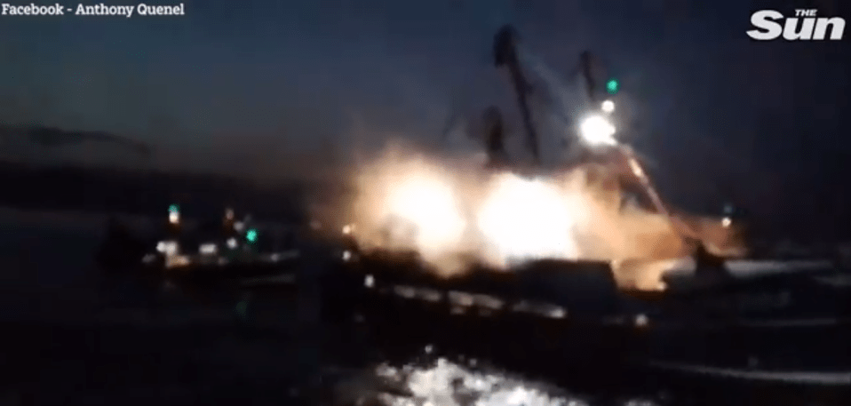  The trawler appears to be on a fire after flares were reportedly thrown