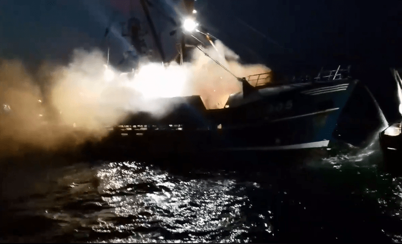 Shocking footage shows the moment a British fishing vessel went up in flames