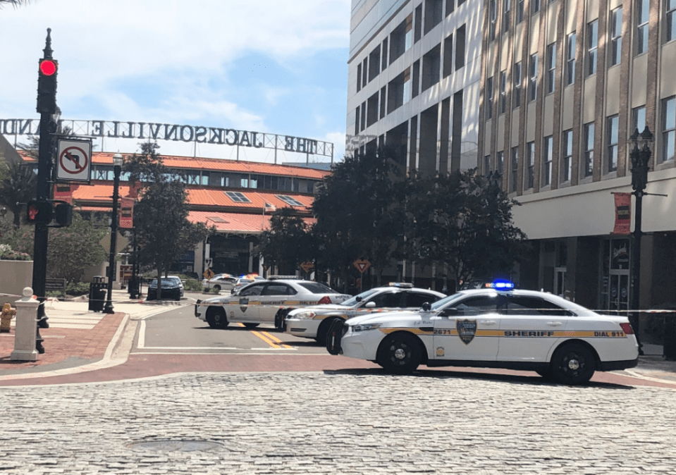 The Jacksonville Landing was locked down by cops.