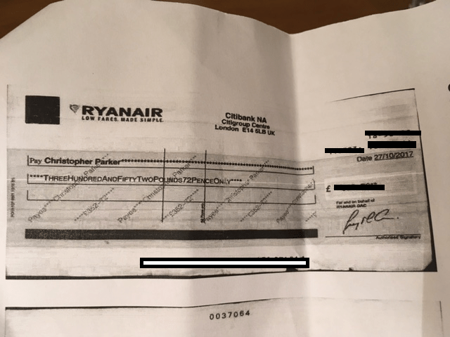  The cheque that Ryanair sent to Chris was rejected by his bank