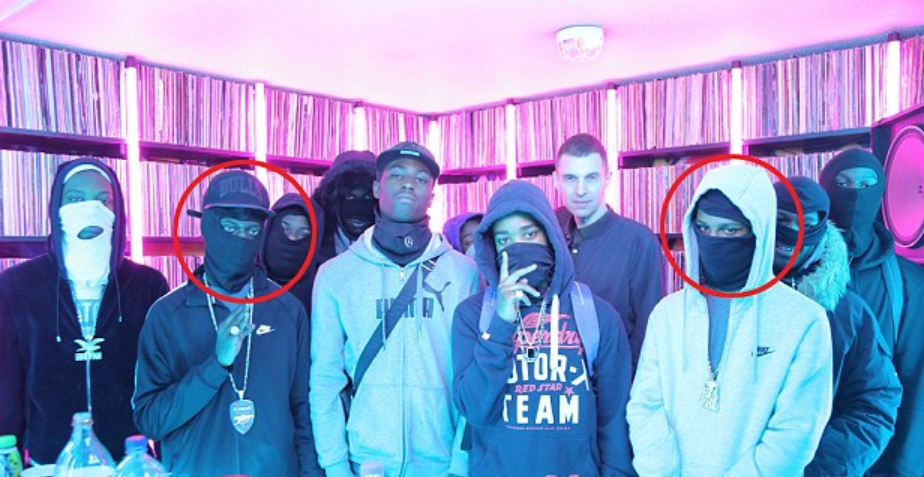 Incognito, circled left, pictured with Tim Westwood and bandmates Moscow17 – which included his friend Rhyhiem Ainsworth Barton, circled right, who was shot dead in May