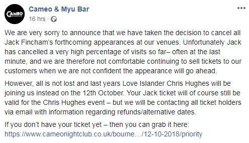  Cameo & Myu Bar in Bournemouth stated Jack cancelled a 'very high percentage of visits'