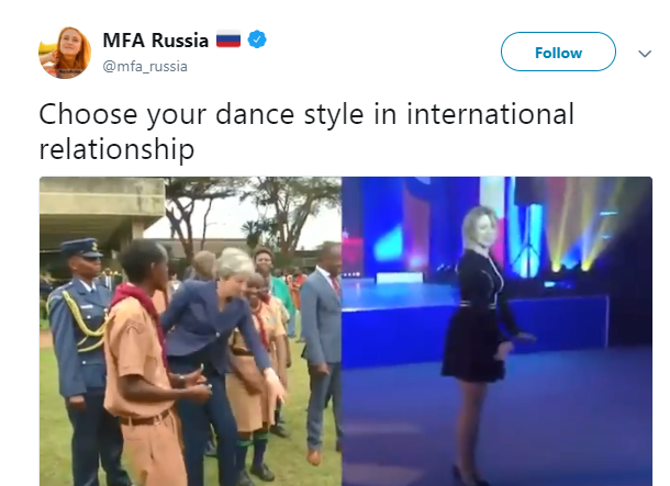  The official Russian foreign ministry's Twitter tweeted this dig at Theresa May's dancing and Britain's fractured relationship with the country