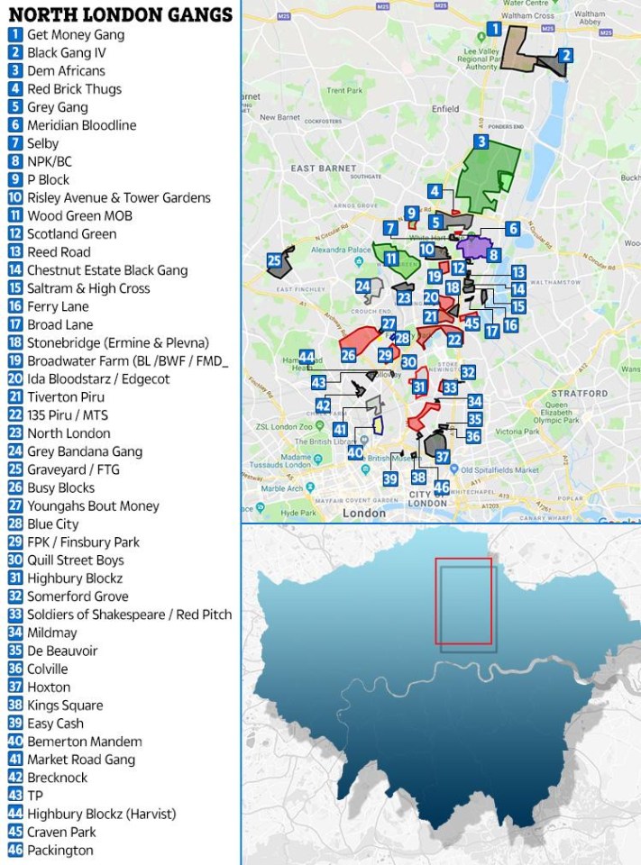 This map shows the names of gangs operating in North London