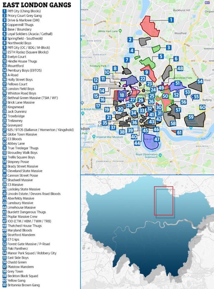 This map shows the territories of gangs in East London