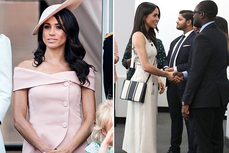  Bare shoulders are a no-no, but that didn't stop her at the Trooping the Colour in June, left, and at the Commonwealth Youth Forum in April, right