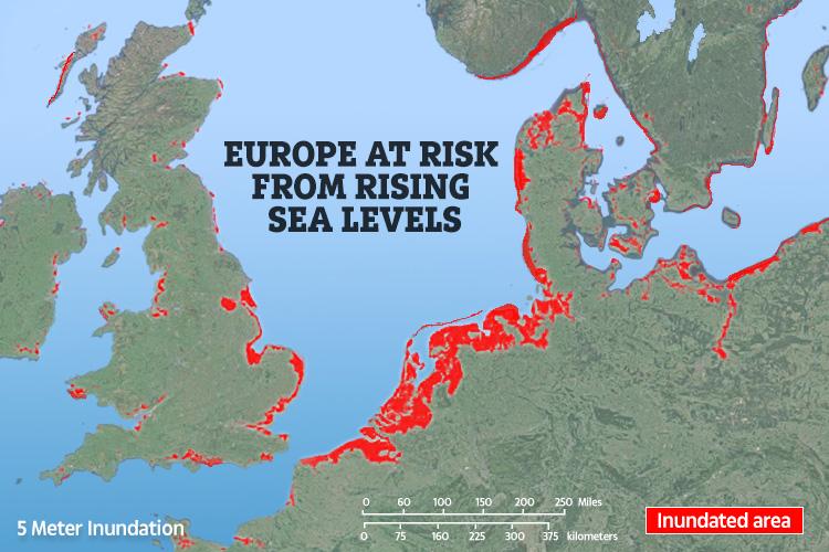  Projected sea level rise (5 m) for Northwestern Europe – based on modelling research by Haskell Indian Nations University and CReSIS – affecting an estimated 21.7million people