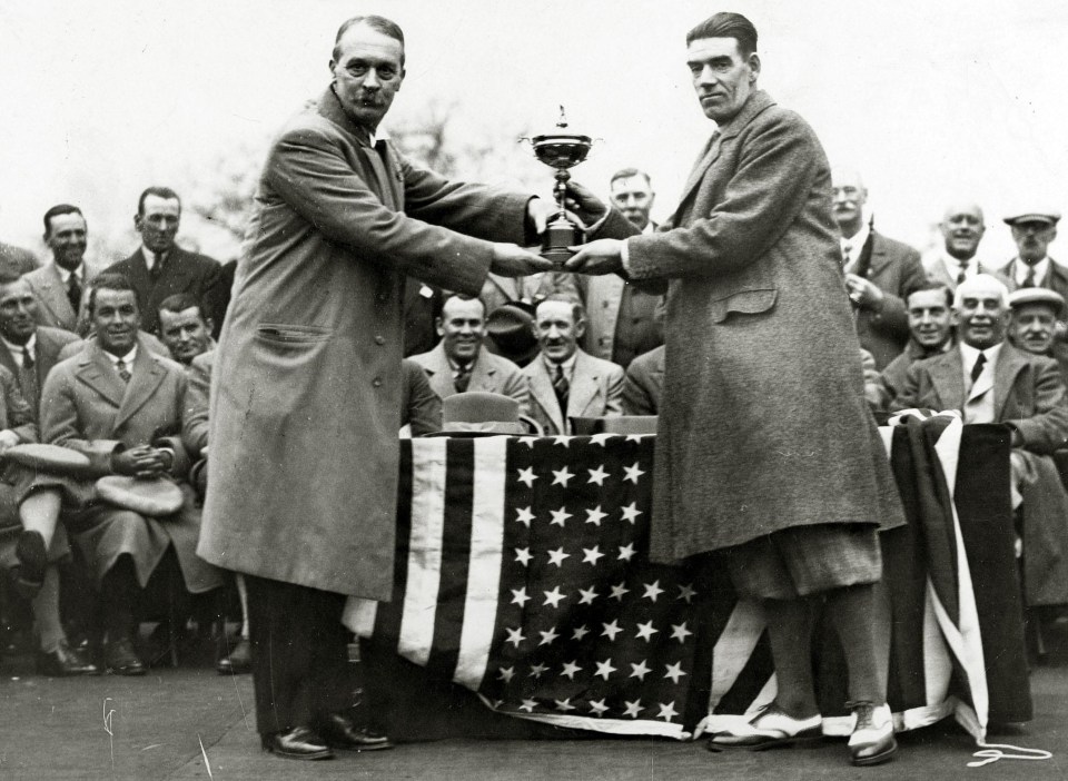 Samuel Ryder, the donor of the Ryder Cup, presents the trophy to winning captain, Great Britain’s George Duncan at Moortown in Leeds in 1929