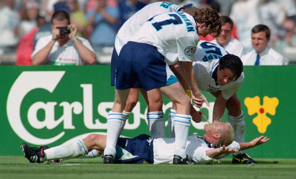  Paul Gascoigne certainly expressed himself as a player, and here does the famous 'Dentist's Chair' celebration against Scotland in 1996