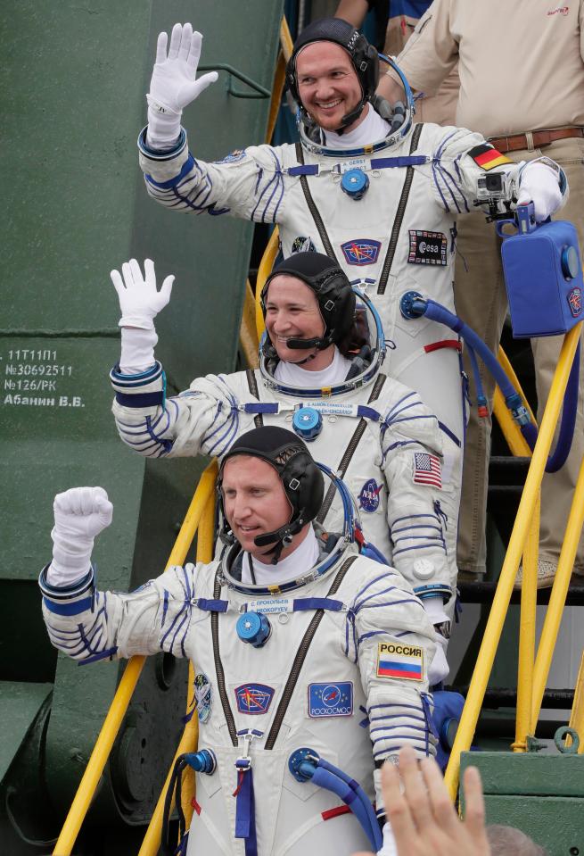  Astronaut Serena Aunon-Chancellor, centre, Russian cosmonaut Sergey Prokopyev and German astronaut Alexander Gerst, top, crew members of the mission to the International Space Station