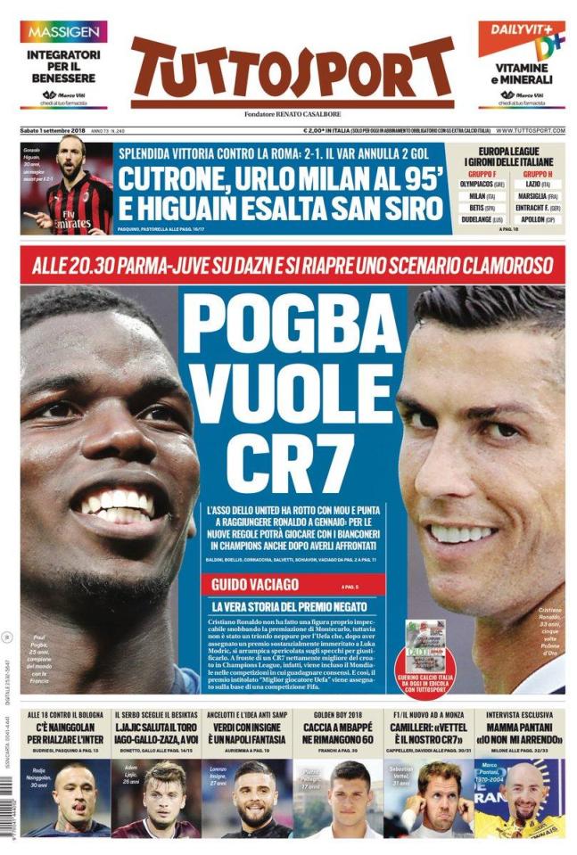  Turin-based newspaper Tuttosport say Paul Pogba is keen on a return to Juventus in January - and linking up with superstar Cristiano Ronaldo