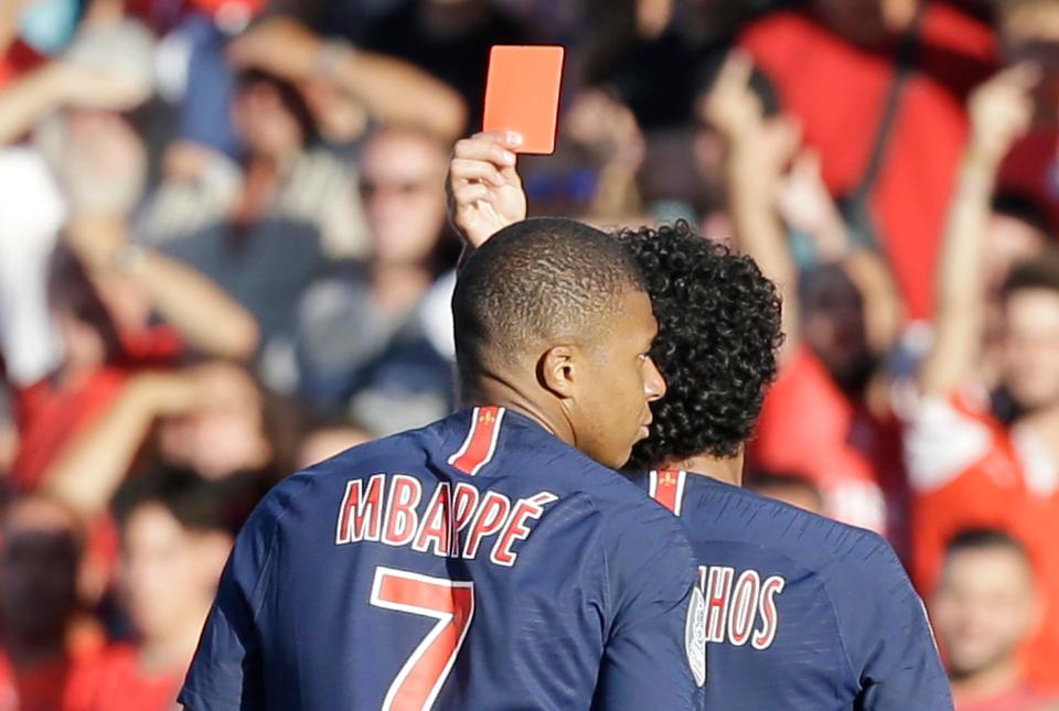  Kylian Mbappe, left, saw red for PSG earlier this month against Nimes