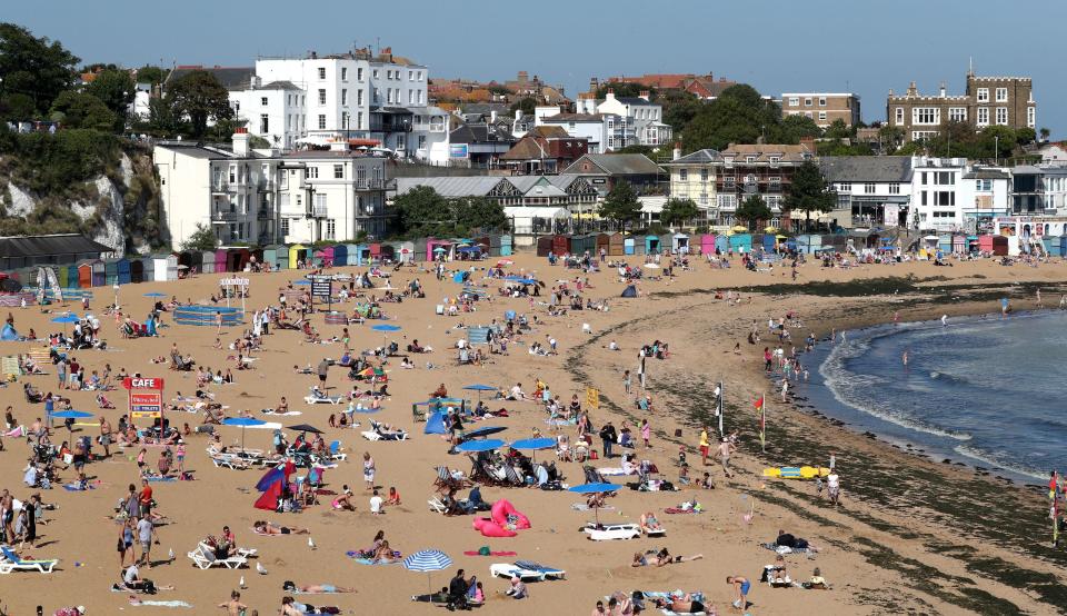  Sunseekers enjoying the heat on the beach in Broadstairs, Kent yesterday