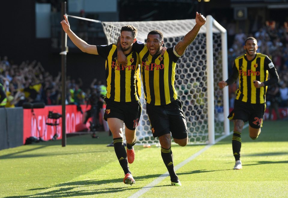  The two Watford goalscorers celebrate together as their headers helped turn the match on its head