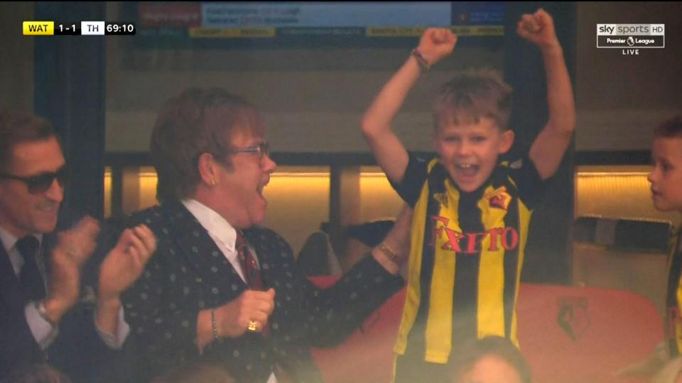  Elton John celebrated after the game as Watford beat Tottenham 2-1