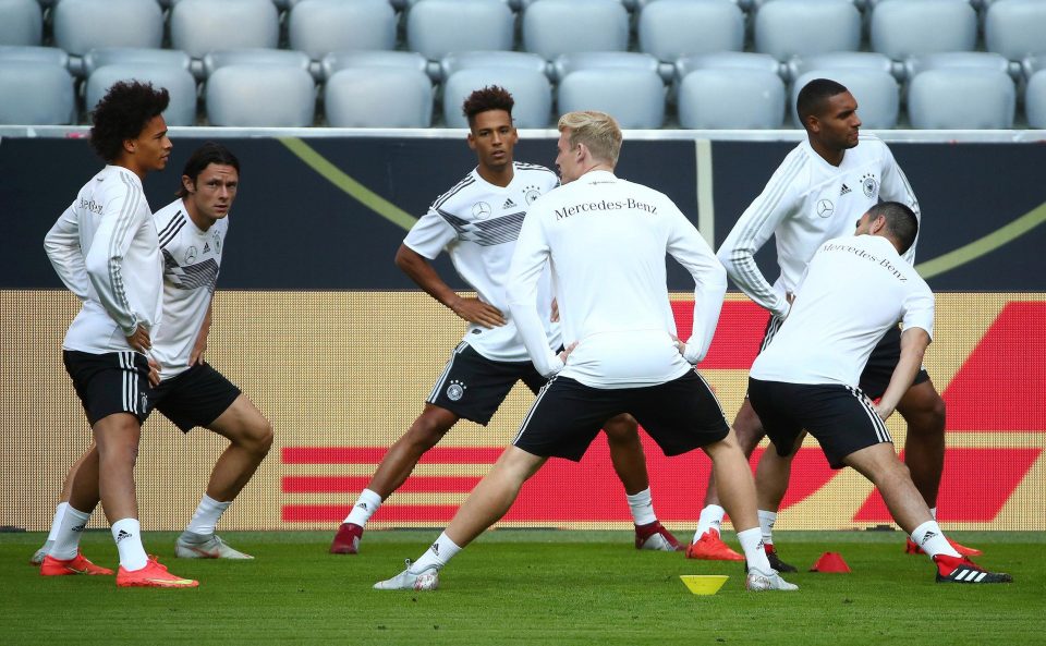  Germany players Jonathan Tah, Julian Brandt, Leroy Sane, Thilo Kehrer, Nico Schulz and Ilkay Gundogan get stuck into Uefa Nations League training