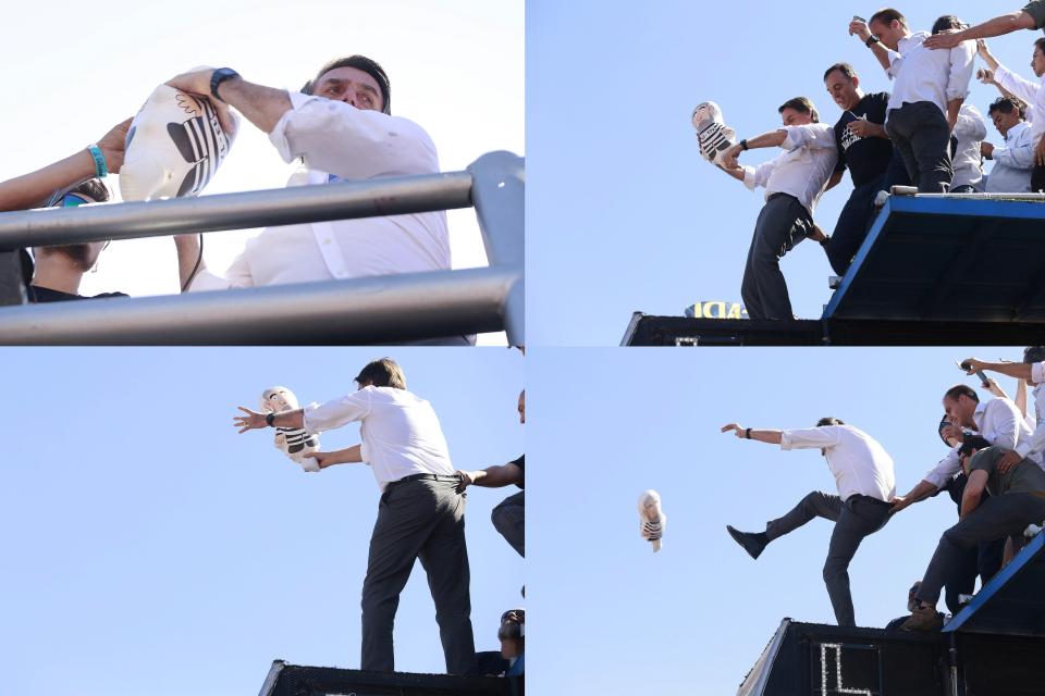  In a rally earlier this week, Jair Bolsonaro take a doll of former president Luiz Inacio Lula da Silva and kicks it during a campaign act