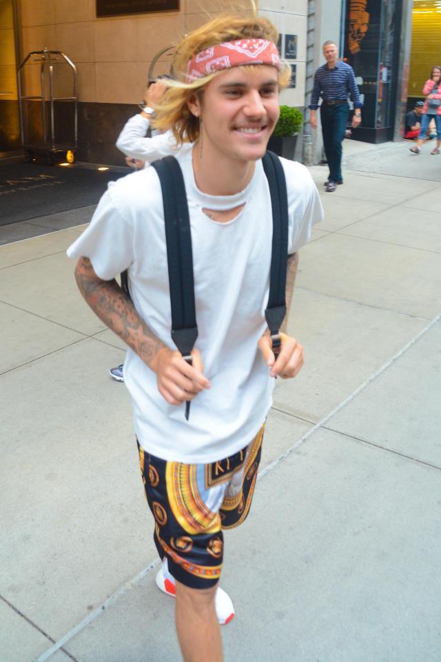  Justin Bieber looks like the love child of Ron Burgundy and Wayne’s World Garth with his printed bandana