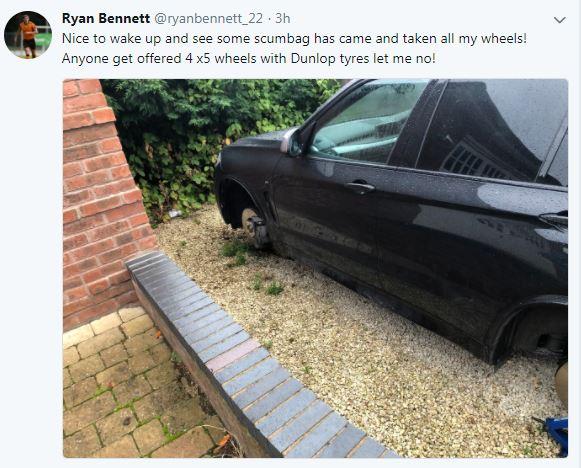 The defender revealed on Twitter the wheels to his £60k motor had been stolen overnight