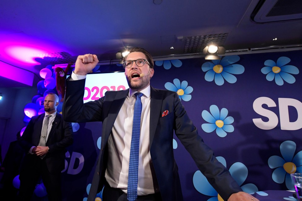 Sweden Democrats party leader Jimmie Akesson speaks on election evening at Kristallen restaurant in central Stockholm