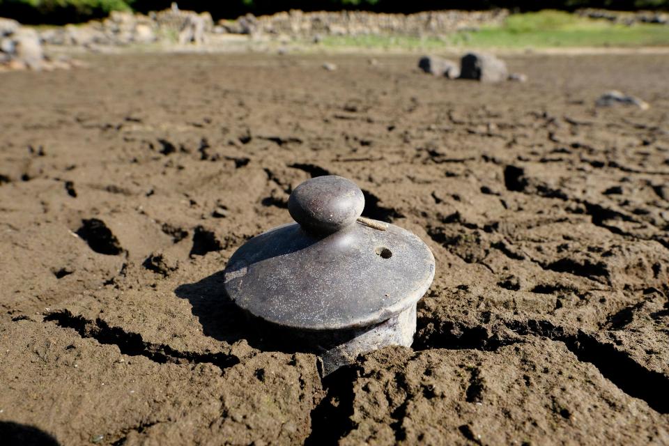  An old tea pot lid in the mud in the middle of the reservoir