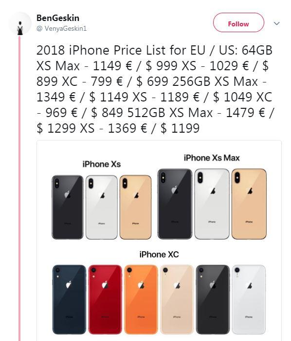  Geskin posted pricing details for a range of new iPhone models expected to launch later today