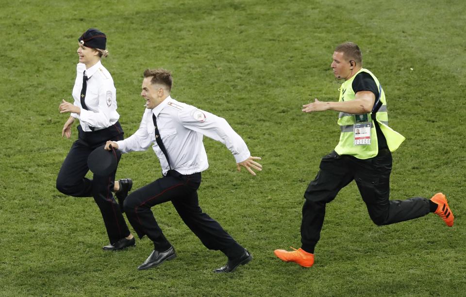  This is the moment Pyotr invaded the World Cup final pitch as France played Croatia in July