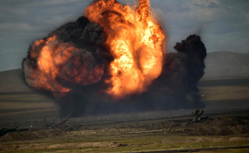  An explosion erupts during the drills, which are the largest held since the Cold War