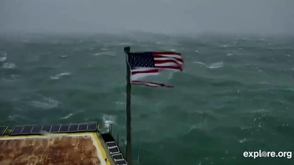  A US flag ripped under the intense winds being stirred up by Hurricane Florence along the coast in Cape Fear, North Carolina