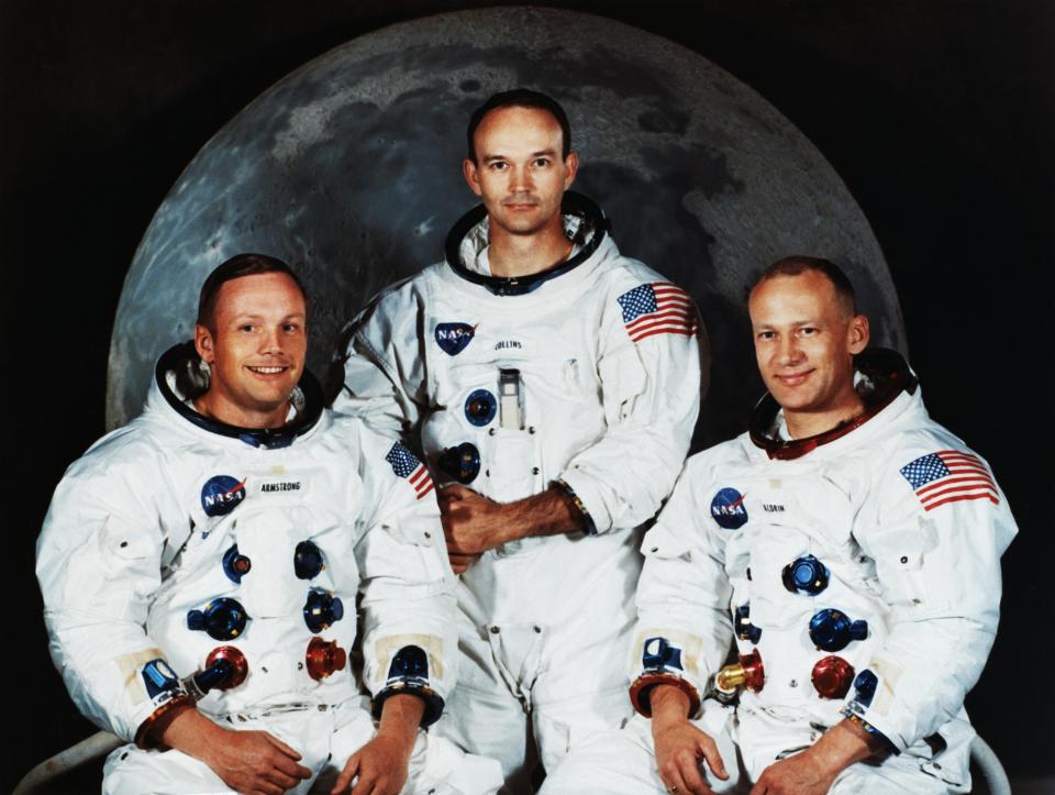  Neil Armstrong, left, was heroic, modest, quiet – and Nasa’s choice to take the first step, while Buzz Aldrin, right,  was pushy, arrogant, ambitious and obsessed with fame. Fellow astronaut Michael Collins, centre, remained in orbit during the landing