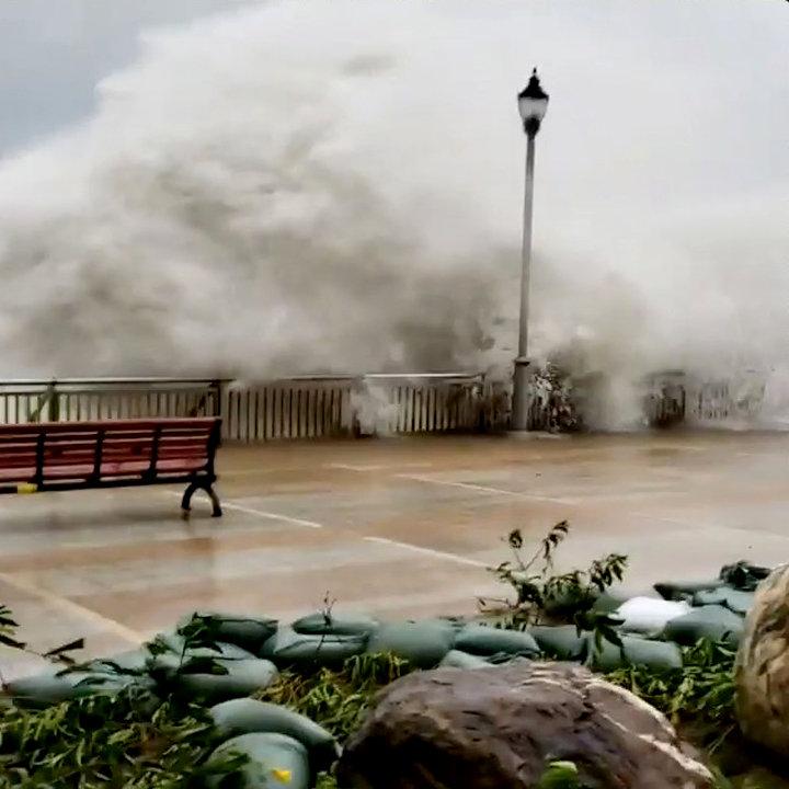  Waves explode over sea barriers as Typhoon Mangkhut approaches Hong Kong, China