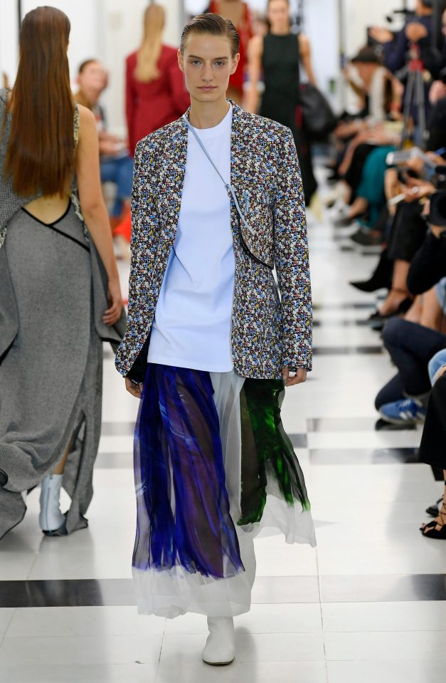  The designer also incorporated a show-stopping feminine skirt into an otherwise androgynous outfit