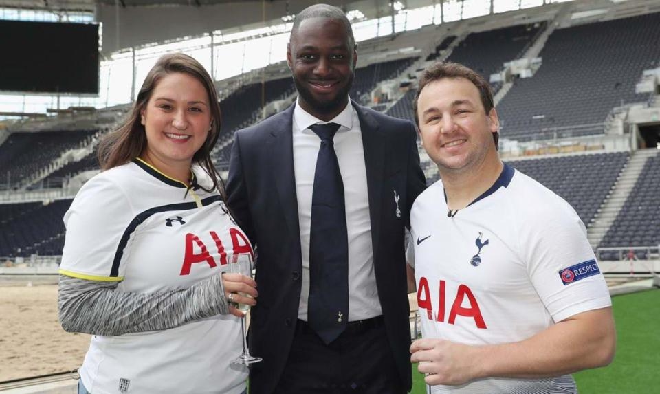  The happy couple were greeted by Spurs legend Ledley King, middle