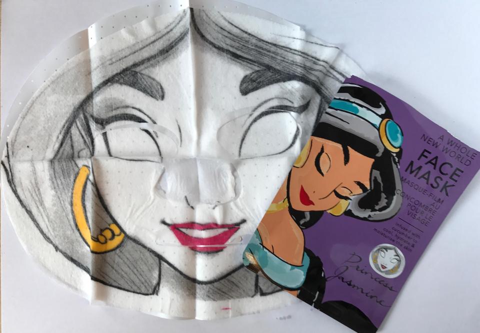  The Princess Jasmine face mask is meant to mimic her signature make-up - and looked lovely before it was put on