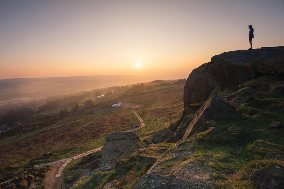  Cow and Calf Rocks on Ilkley Moor, a rocky outcrop and boulder popular with holidaymakers