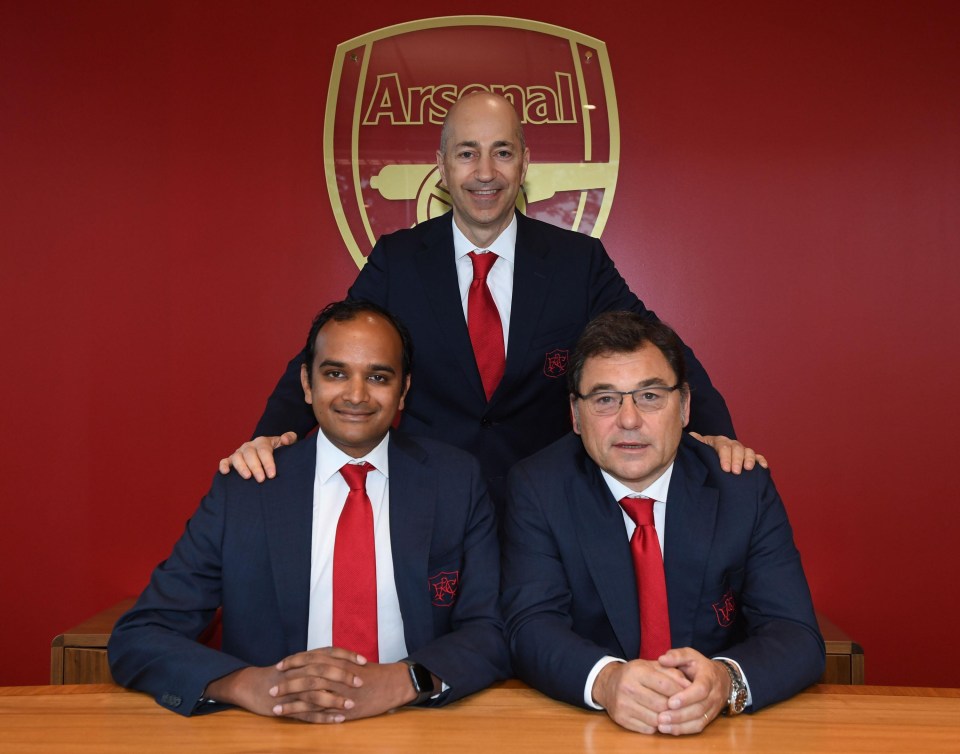 Ivan Gazidis (back) is leaving the club to join AC Milan with Raul Sanllehi (right) and Vinai Venkatesham (left) getting new roles at the club